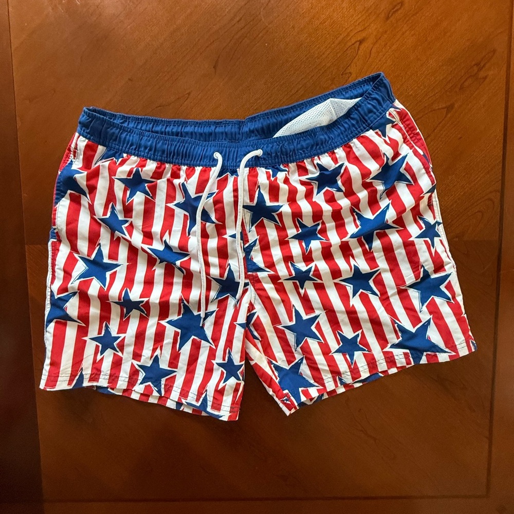MAD Engine Red and White Swim Trunks with Patriotic Design